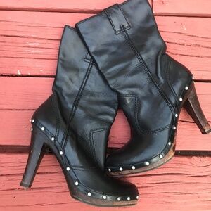 Michael Kors Black Studded Leather / Wood Clog Booties -SZ-7 Heel Boots women's
